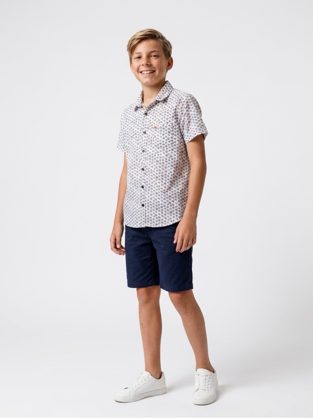 Burberry White Short-Sleeve Button-Down Shirt with Navy Print